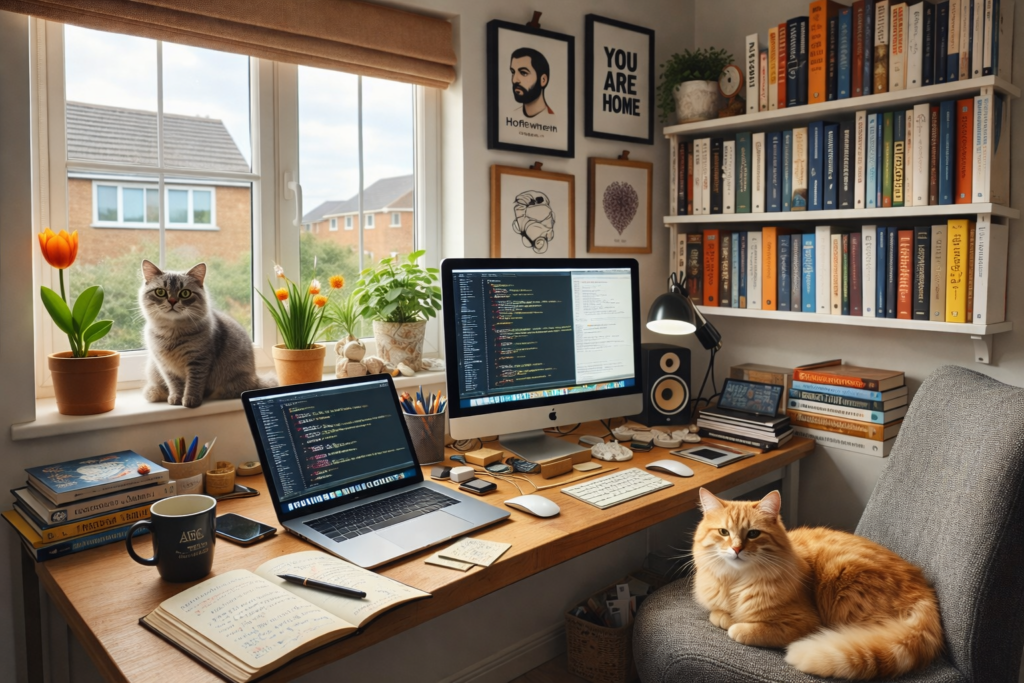 Cozy home office with cats